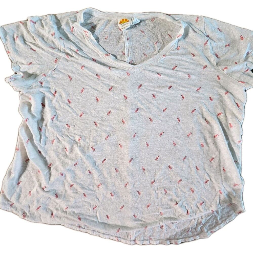 CC CALIFORNIA 100% LINEN TOP SHIRT BLOUSE SZ 1X PINK FLAMINGOS BEACH SUMMER